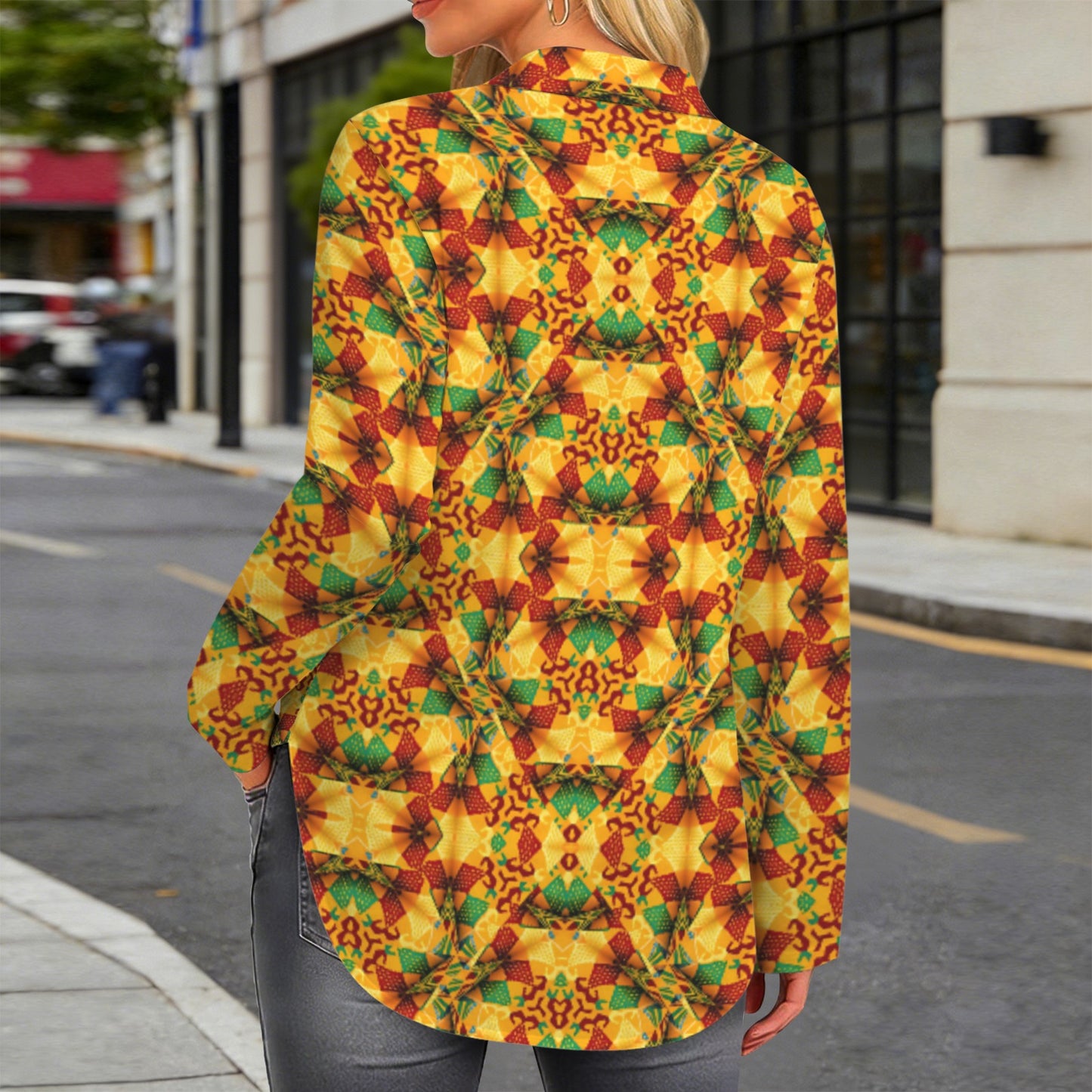 Women's Vibrant African Kente Geometric Pattern All Over Print Long Sleeve Curved Hem Shirt