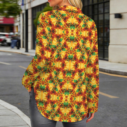 Women's Vibrant African Kente Geometric Pattern All Over Print Long Sleeve Curved Hem Shirt