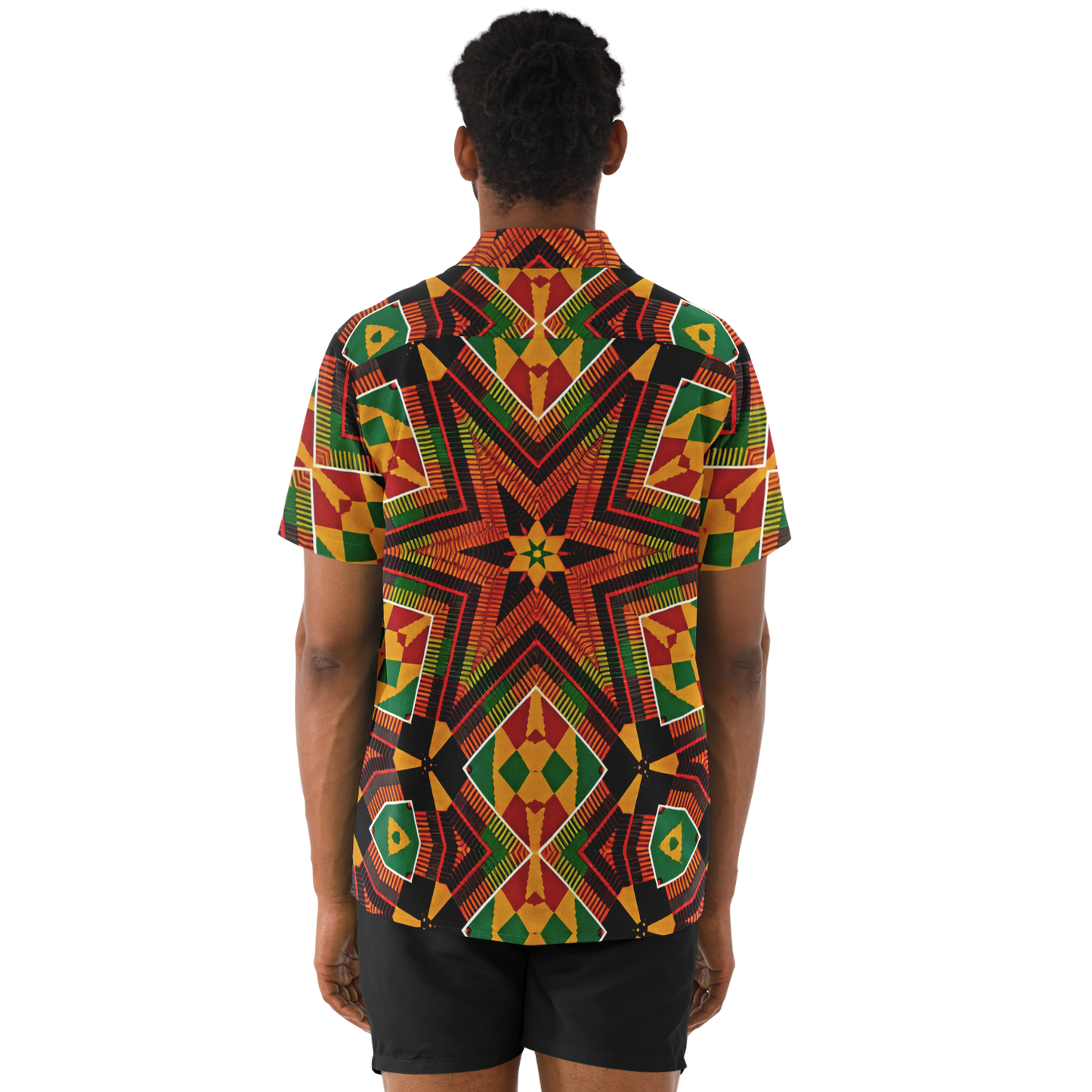 Men's African Kente Geometric Star Pattern All-Over Print Spread Collar Short Sleeve Button-Down Shirt