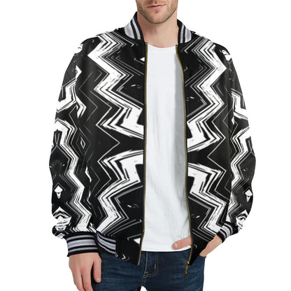 Men's Black & White Geometric Pattern All-Over Print Striped Trim Bomber Jacket