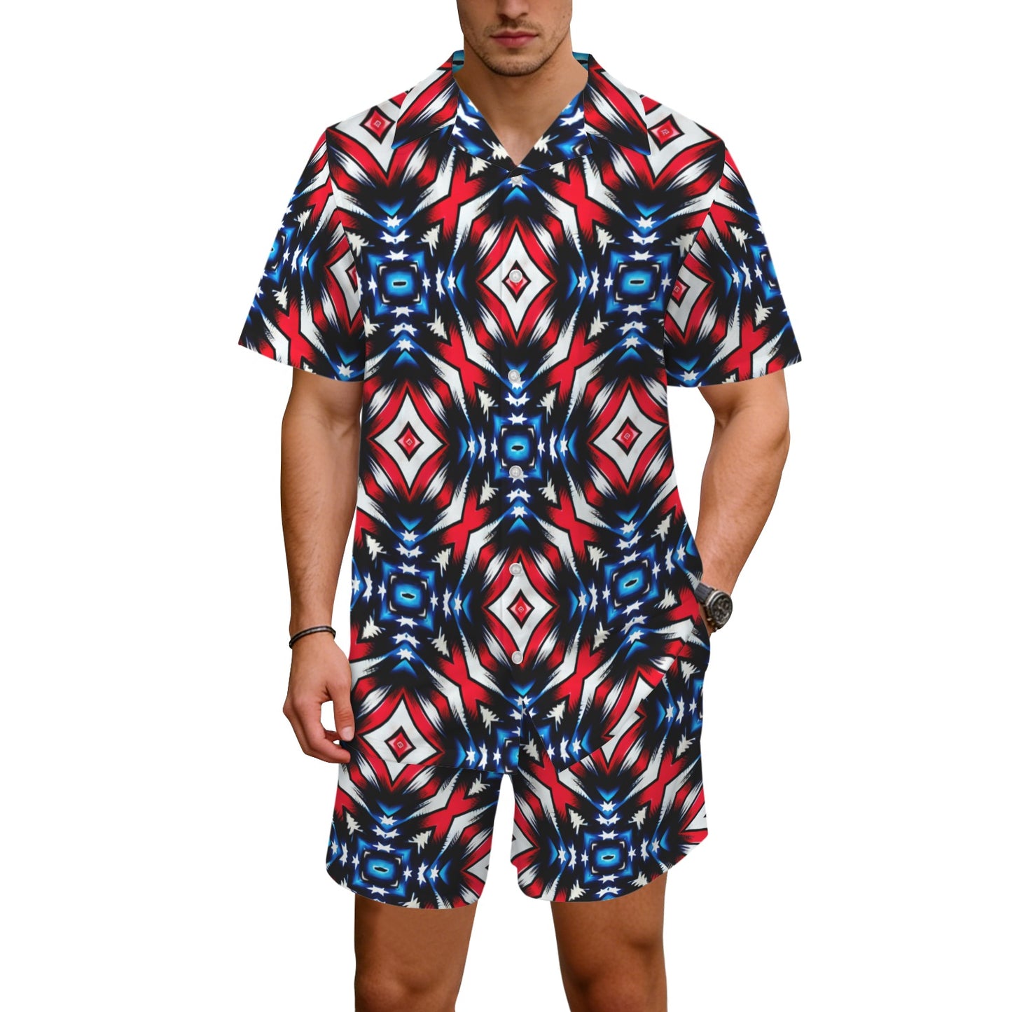 Men's Red White Blue Geometric Pattern All-Over Print Hawaiian Shirt & Shorts Set