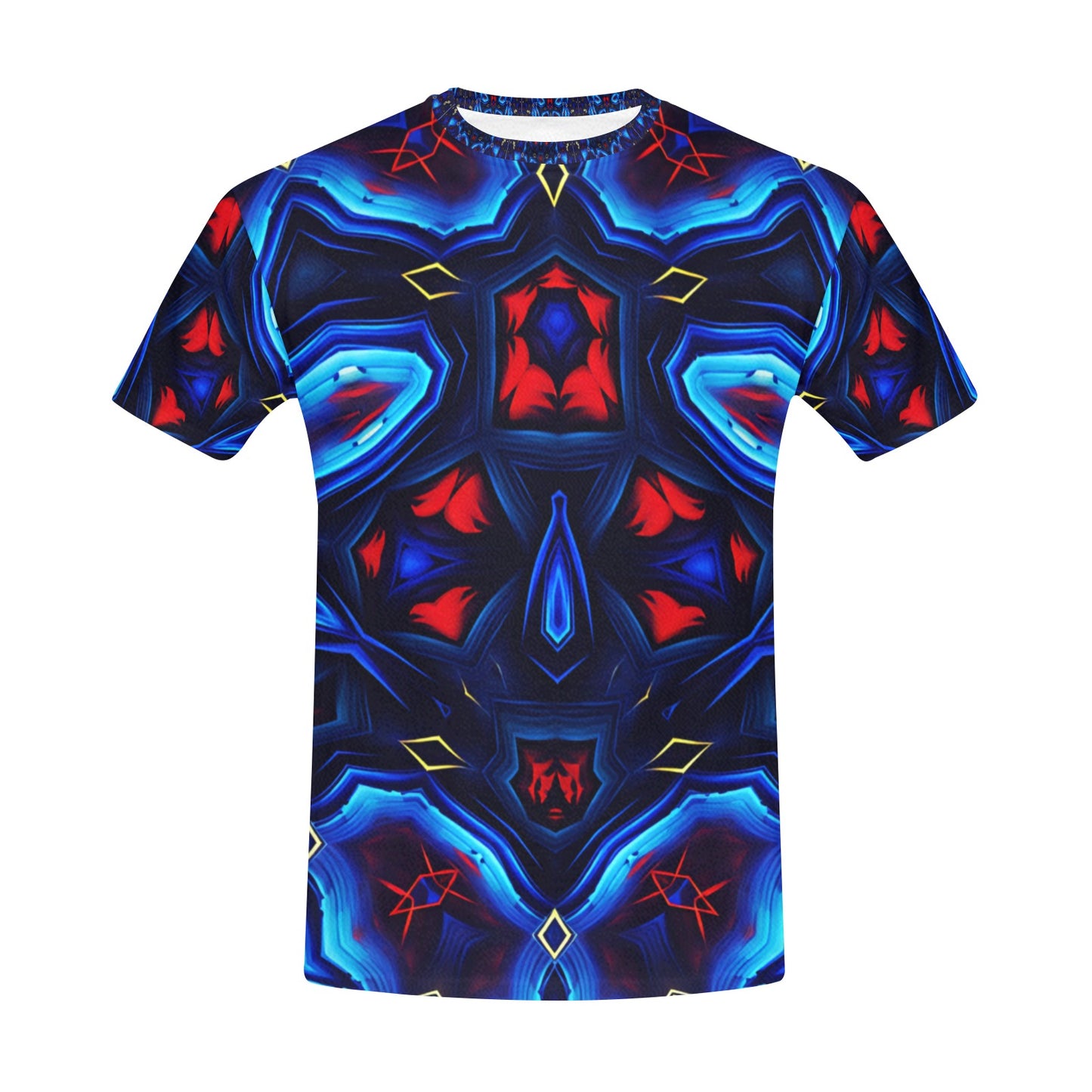 Men's Blue & Red Kaleidoscope Pattern Men's All Over Print Crew Neck T-Shirt