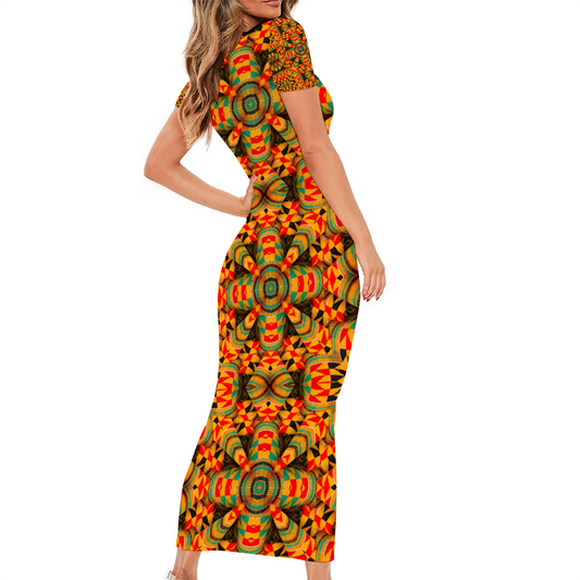 Women's Round Neck Long Dress Short Sleeve Bodycon Pencil Dress