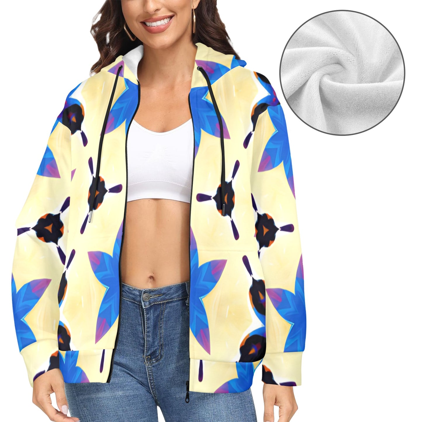 Women's Blue Floral Kaleidoscope Pattern All-Over Print Women's Fleece Full-Zip Hoodie (Model H60)
