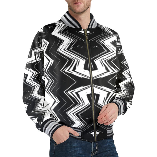 Men's Black & White Geometric Pattern All-Over Print Striped Trim Bomber Jacket