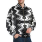 Men's Black & White Geometric Pattern All-Over Print Striped Trim Bomber Jacket