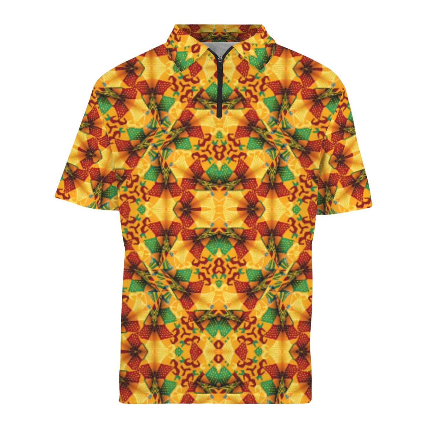 Men's Vibrant African Kente Geometric Pattern All Over Print Zipper Polo Shirt.