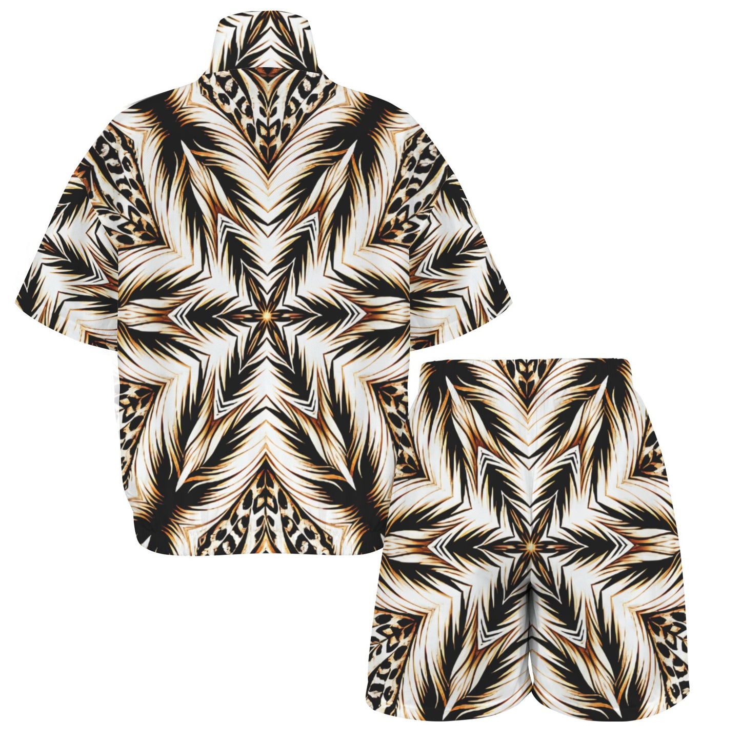 Women's Brown & Black Kaleidoscope Pattern Windbreaker Short Set