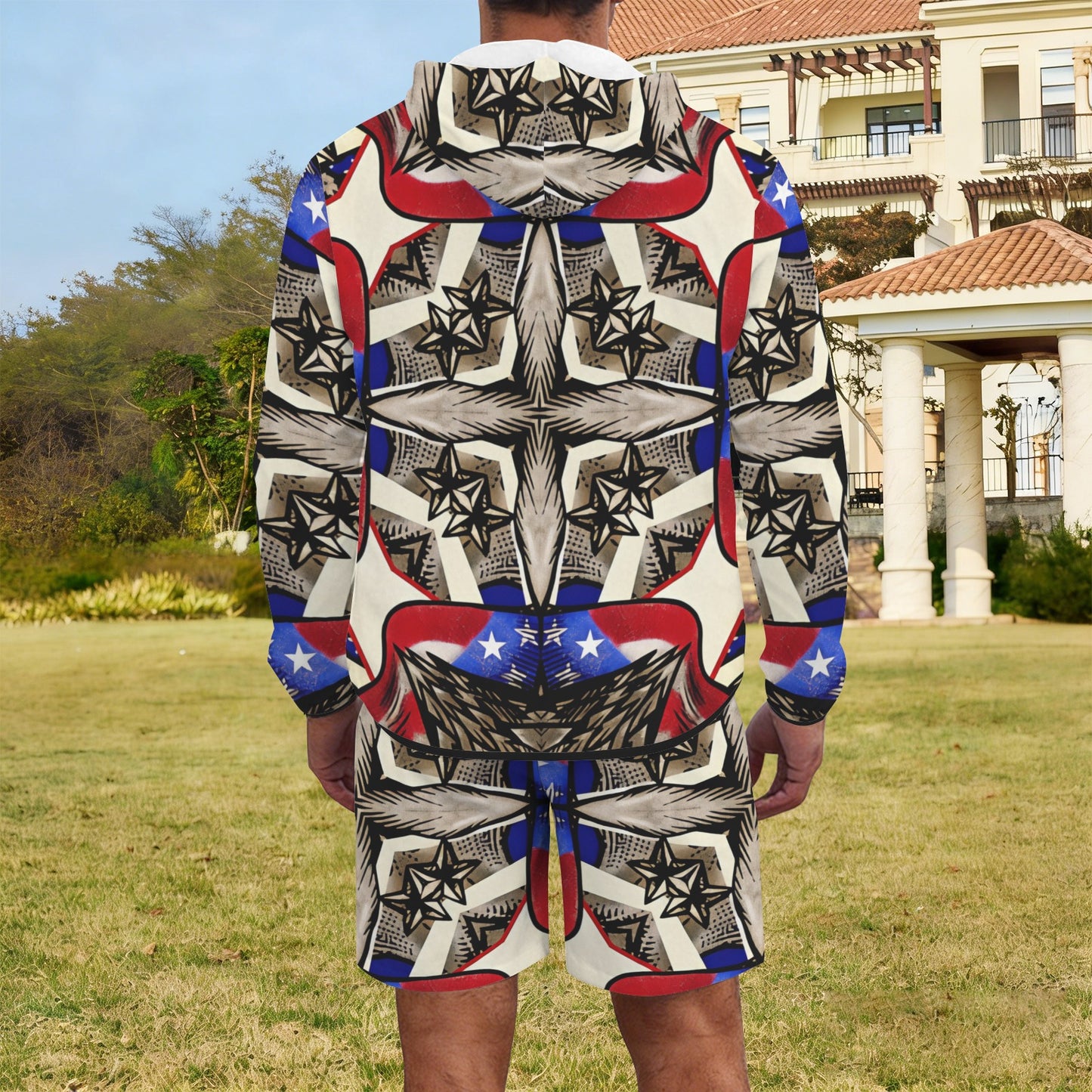 Men's Patriotic Stars & Cross Kaleidoscope Pattern All-Over Print Lightweight Sun Hoodie & Shorts Set