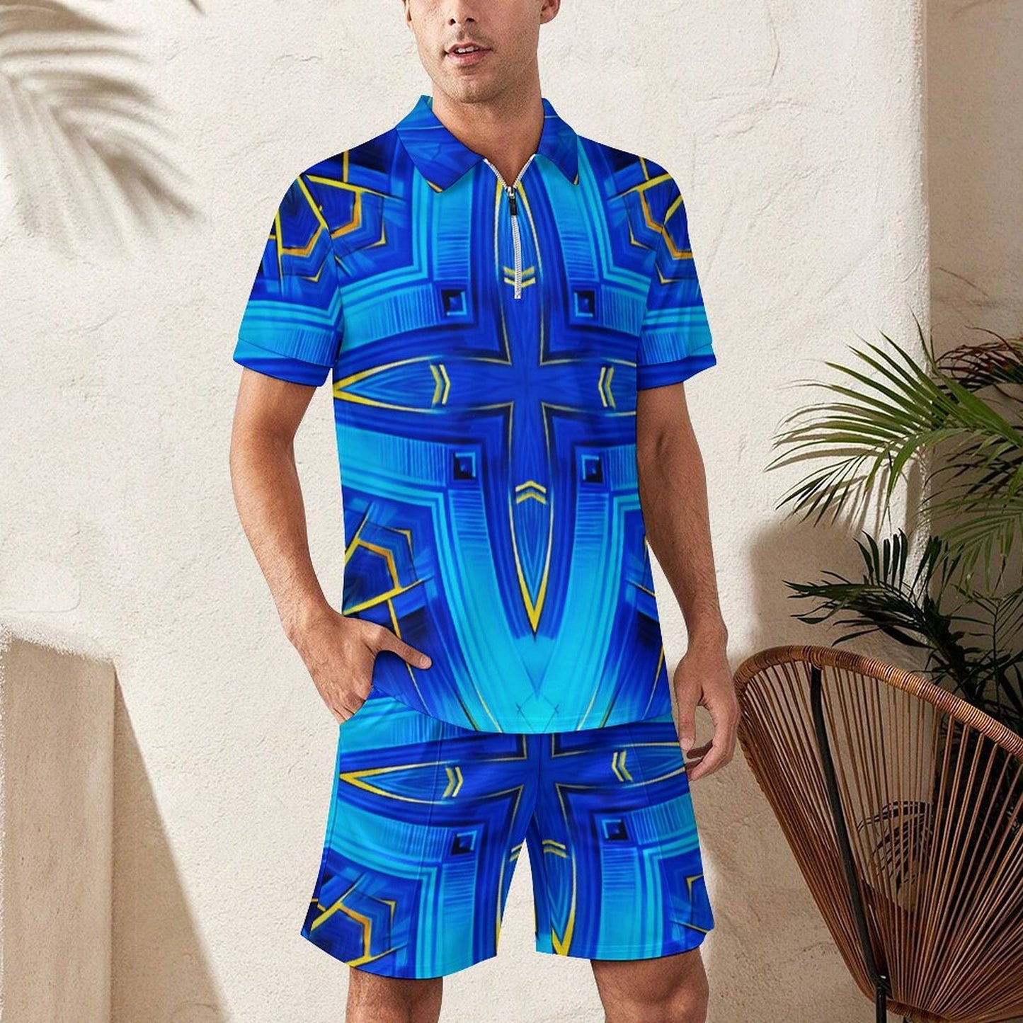 Men Vibrant Blue Geometric All-Over Print Zip-Up Polo Set