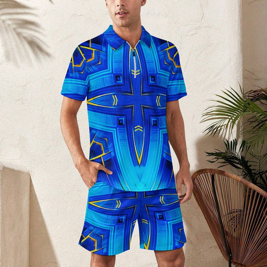 Men Vibrant Blue Geometric All-Over Print Zip-Up Polo Set