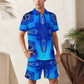 Men Vibrant Blue Geometric All-Over Print Zip-Up Polo Set