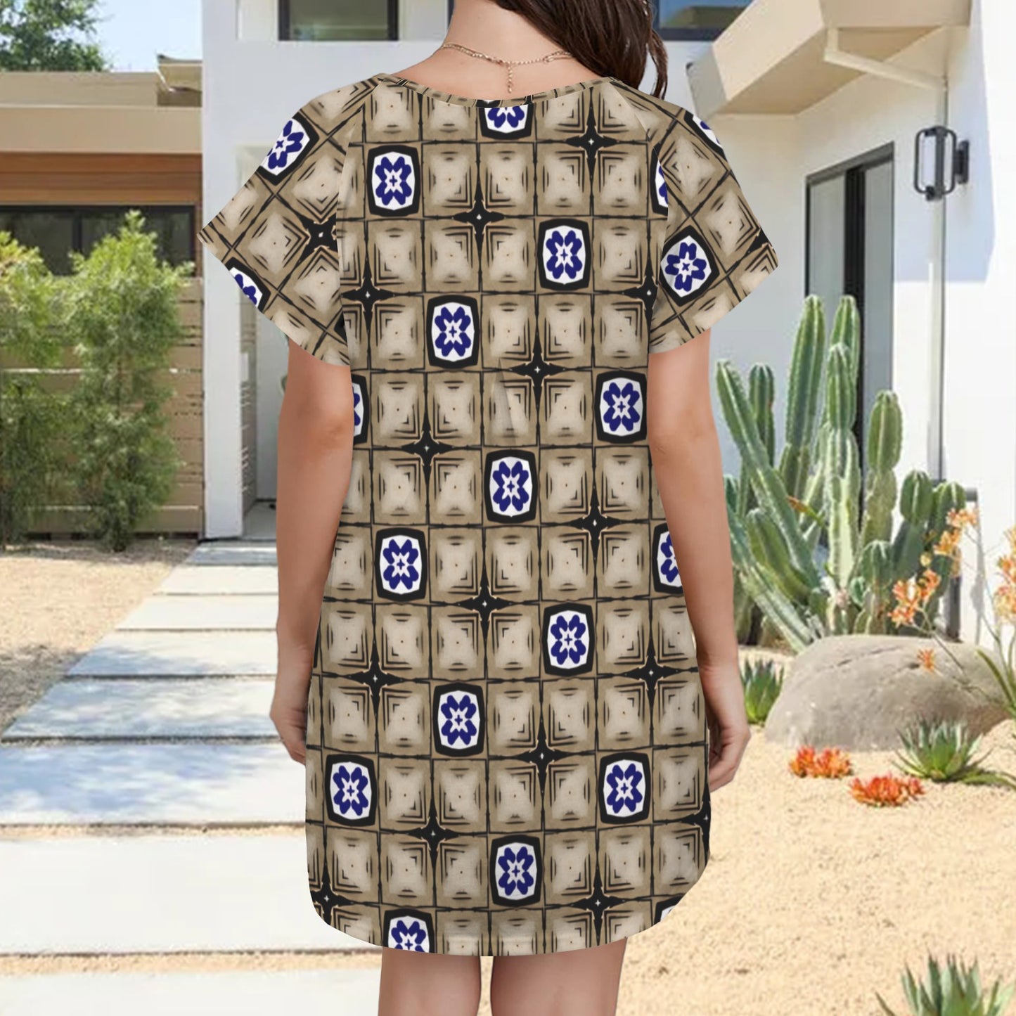 Women’s Neutral Plaid with Blue Tile Accent Pattern Round Neck Pocket Casual Dress