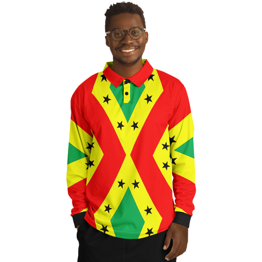 Men's Red Yellow Green Black Stars Polyester Long Sleeve Polo Shirt