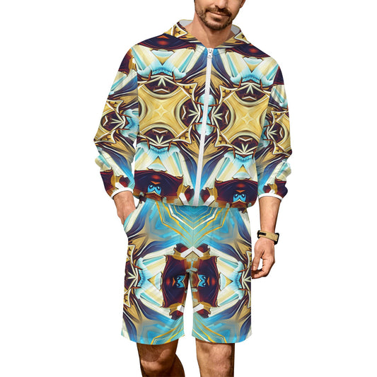 Men's Abstract Teal & Gold Pattern All Over Print Lightweight Sun Hoodie & Shorts Set