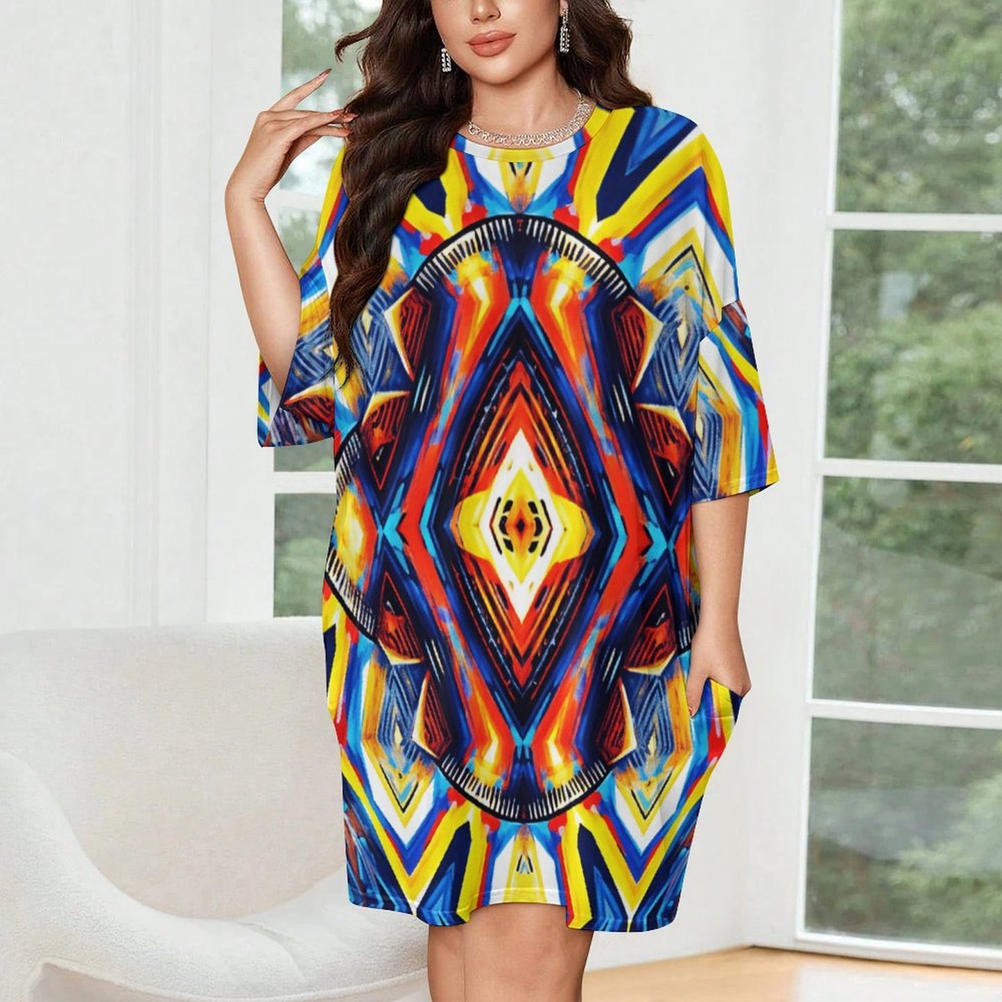 Women's Colorful Geometric Kaleidoscope Pattern Design All Over Print Women's Oversized T- Shirt Loungewear