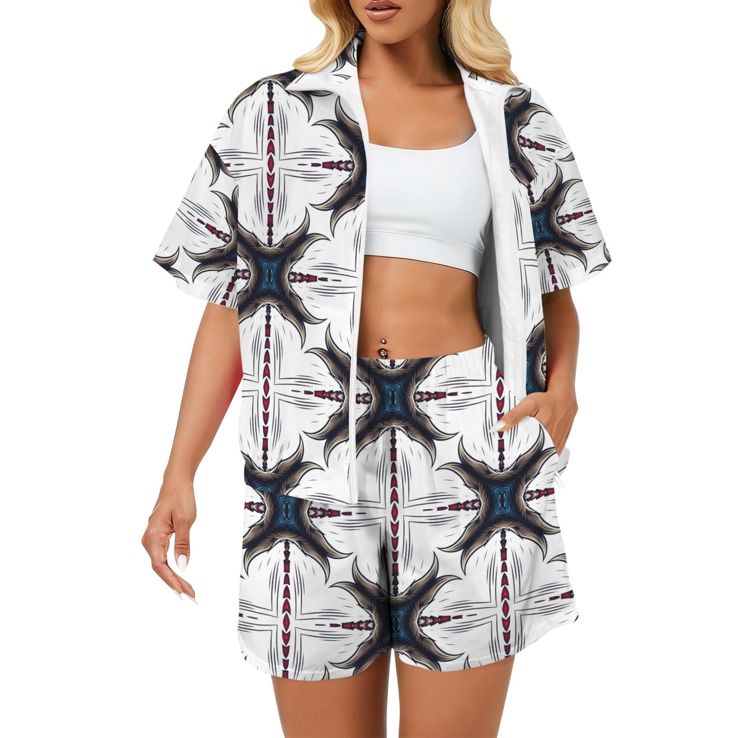 Women's Kaleidoscope Geo Pattern All-Over Print Windbreaker Short Set