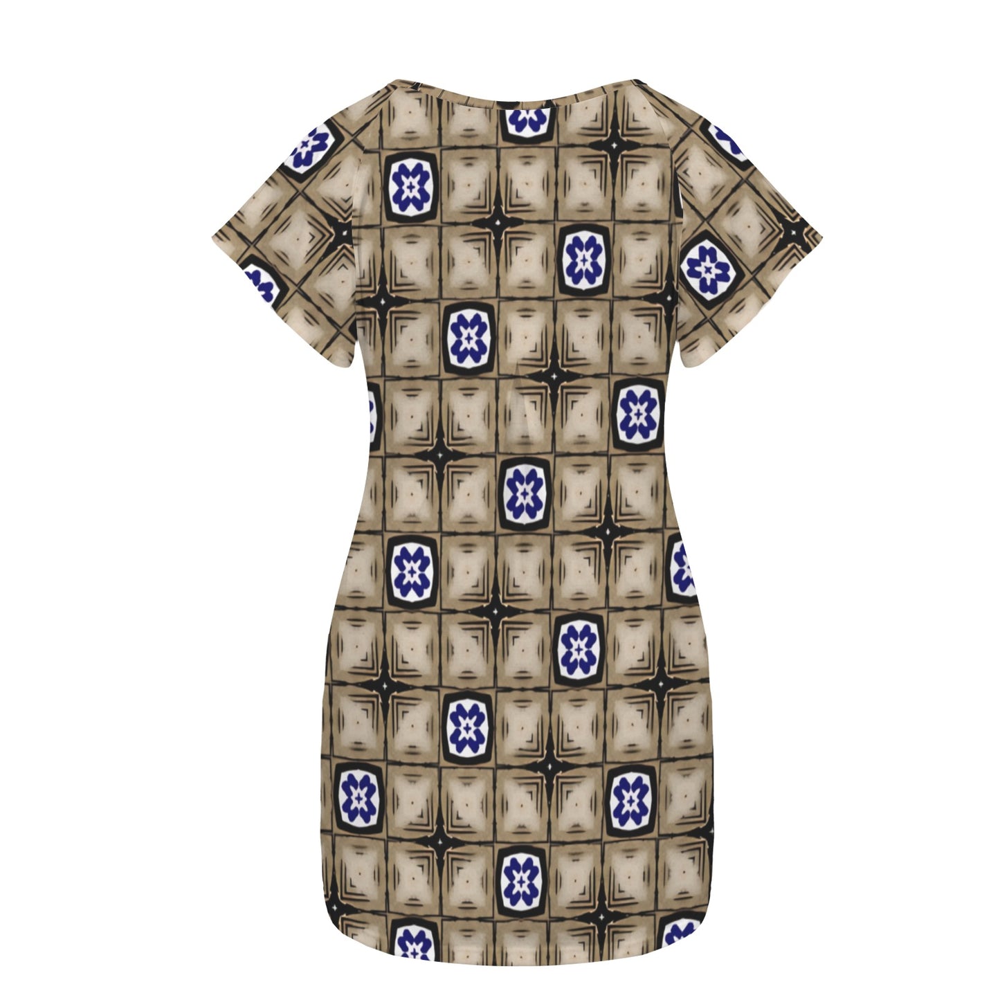 Women’s Neutral Plaid with Blue Tile Accent Pattern Round Neck Pocket Casual Dress