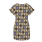 Women’s Neutral Plaid with Blue Tile Accent Pattern Round Neck Pocket Casual Dress