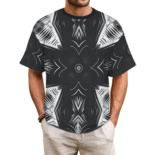 Men's Black & White Geometric Pattern All Over print All Over Print Ribbed Collar T-Shirt