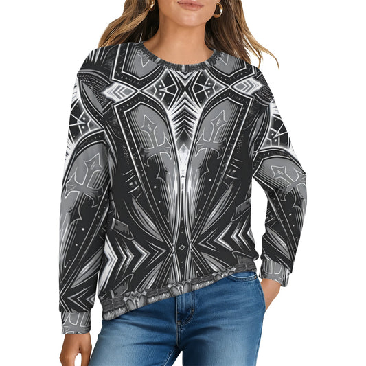 Women's Black & Silver Symmetry Pattern All-Over Print Crew Neck Sweater.