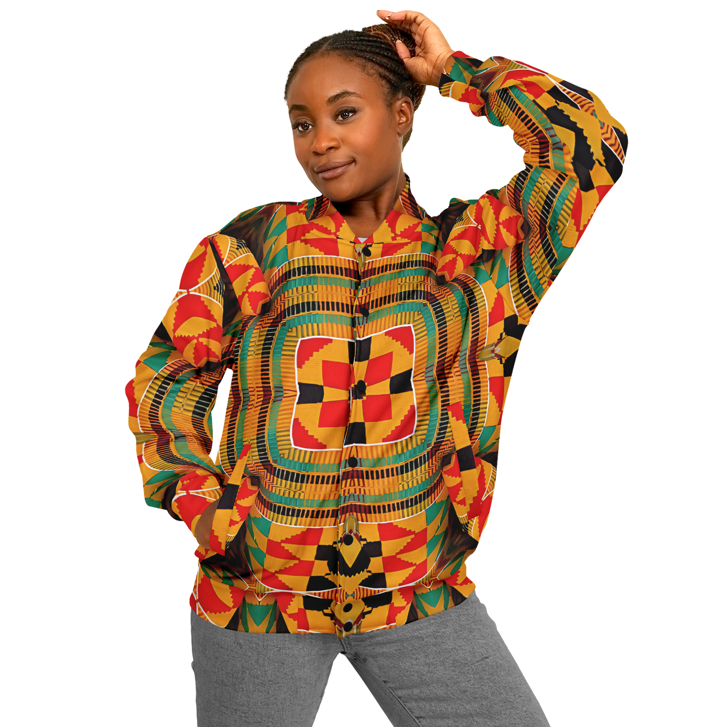 Women's Vibrant African Kente-Inspired Pattern All-Over Print Baseball Jacket