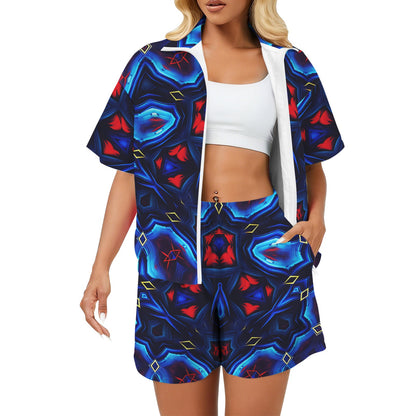 Women's Blue & Red Kaleidoscope Pattern Windbreaker Short Set