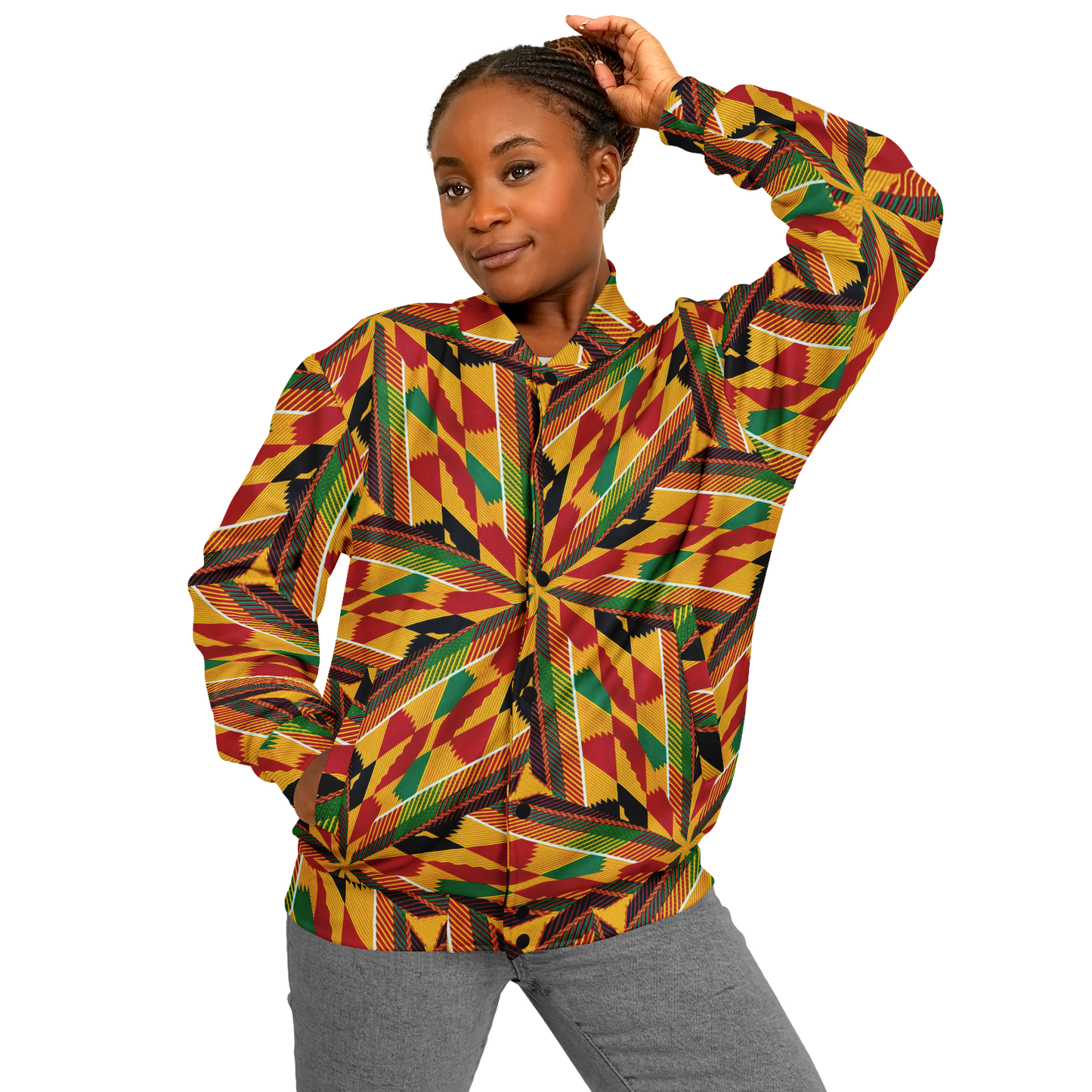 Women's Vibrant African Kente Geometric All-Over Print Baseball Jacket