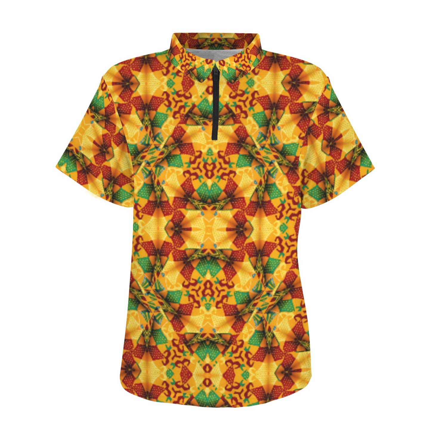 Women's Vibrant African Kente Geometric Pattern All Over Print Zipper Polo Shirt