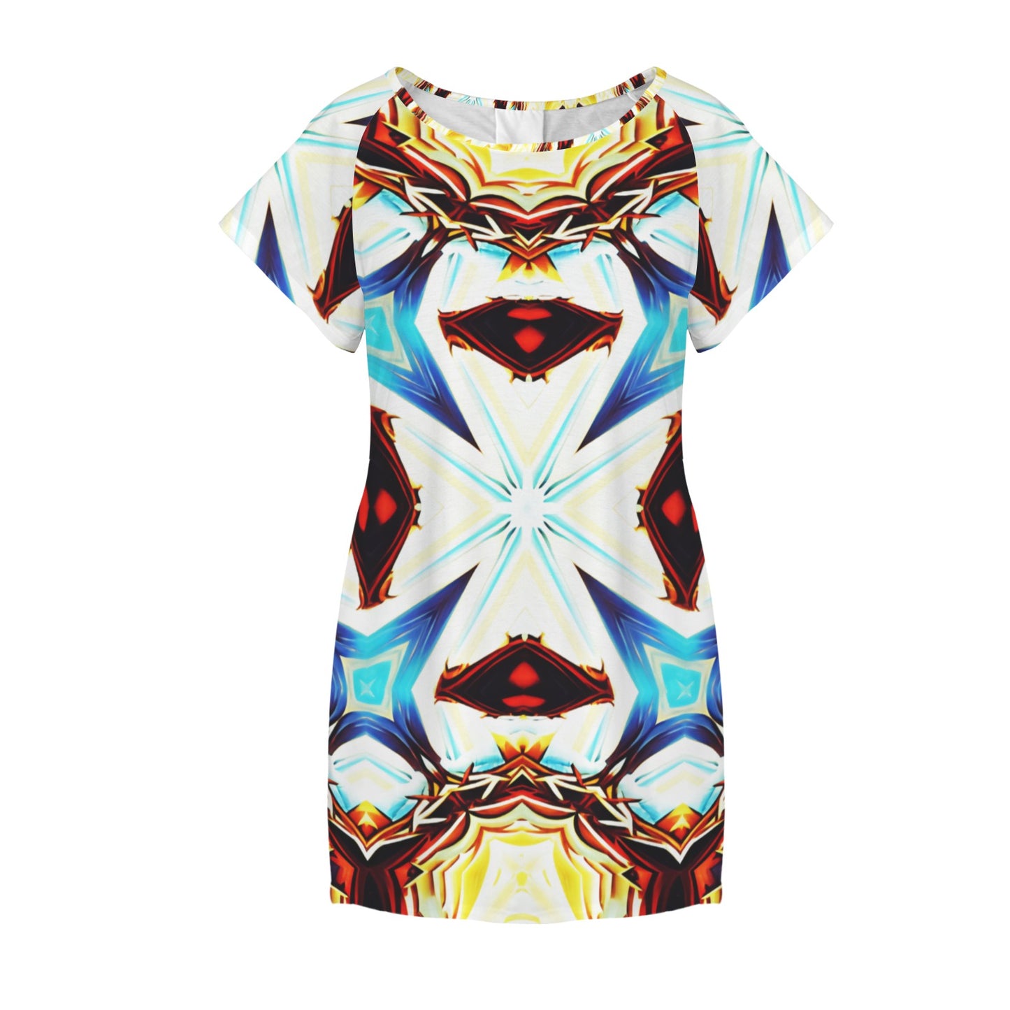 Women's Vibrant Kaleidoscope Geo Pattern All-Over Print Round Neck Pocket Casual Dress