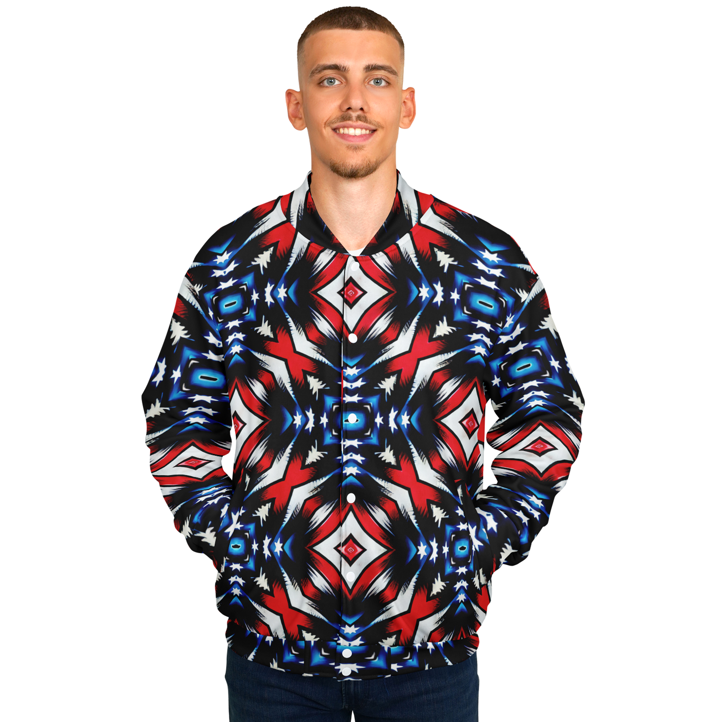 Men's Red White Blue Geometric Pattern All-Over Print Baseball Jacket