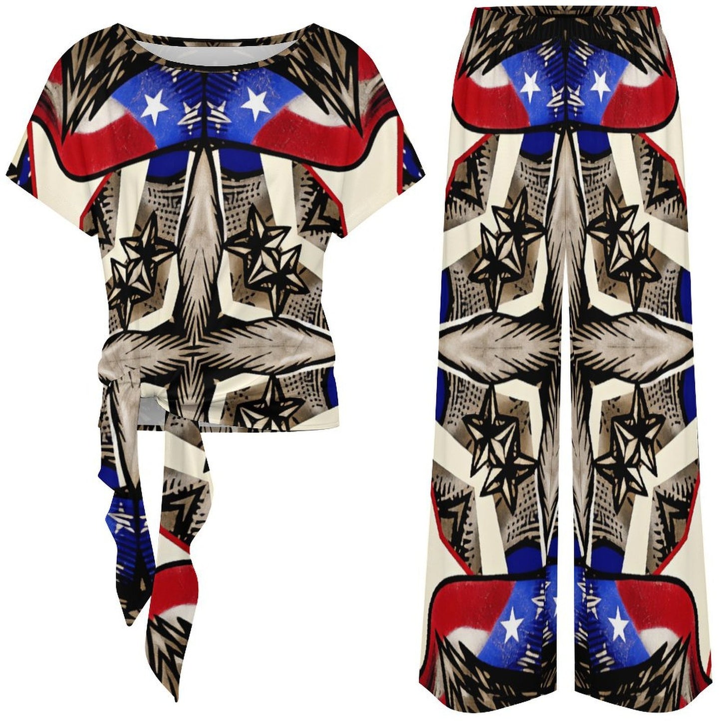 Women's Patriotic Stars & Cross Kaleidoscope Pattern All-Over Print Side-Tie Short Sleeve Top & Wide-Leg Pants Set