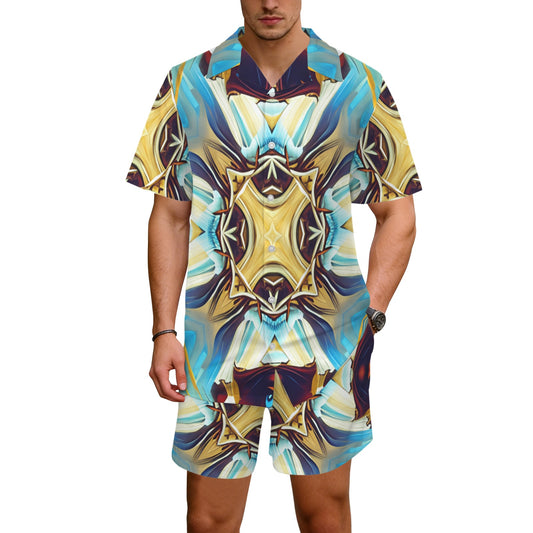 Men's Abstract Teal & Gold Pattern All Over Print Hawaiian Shirt & Shorts Set
