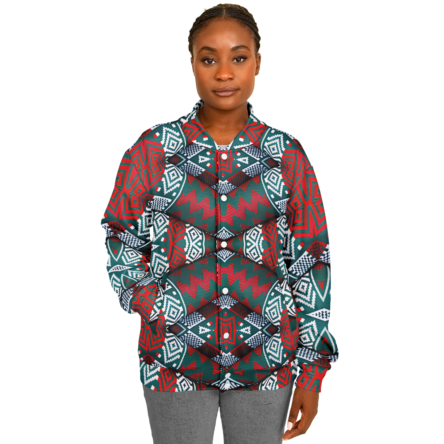 Women's Red, Green & White Teal Aztec Geo Pattern All-Over Print Baseball Jacket