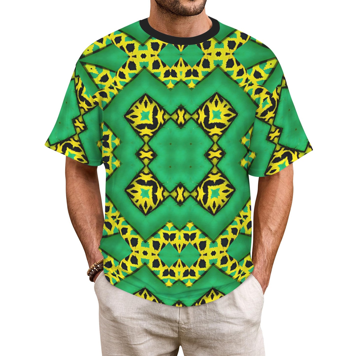 Men's Bold Green & Yellow Kaleidoscope Pattern All-Over Print Ribbed Collar T-Shirt