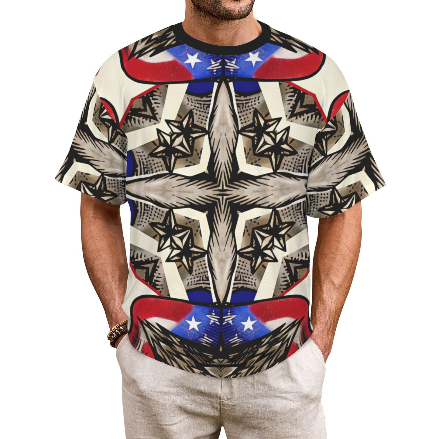 Men's Patriotic Stars & Cross Kaleidoscope Pattern All-Over Print Ribbed Collar T-Shirt