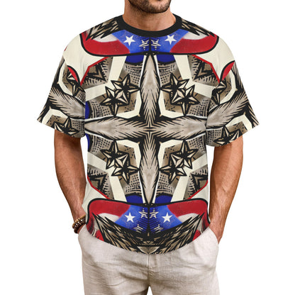 Men's Patriotic Stars & Cross Kaleidoscope Pattern All-Over Print Ribbed Collar T-Shirt
