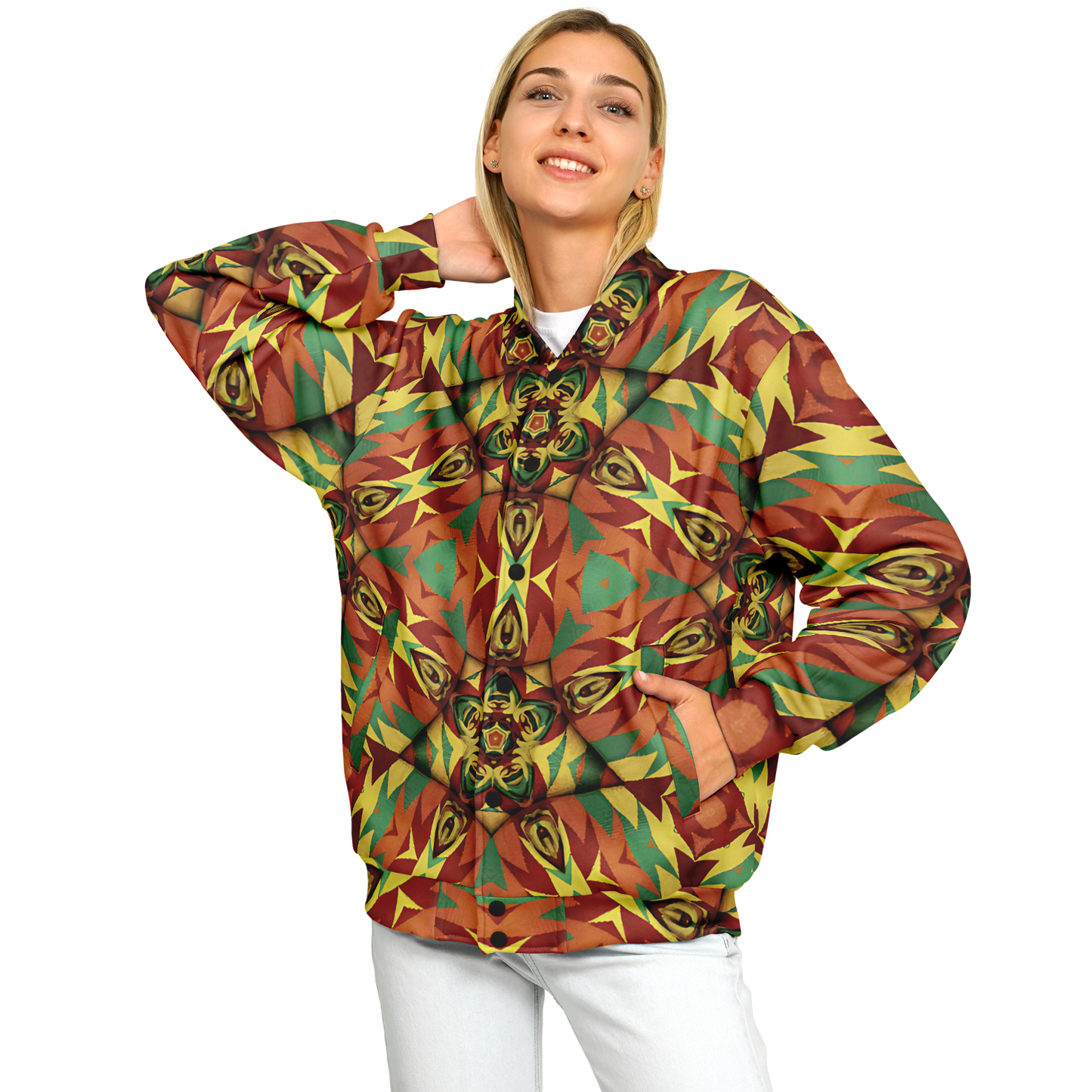 Women's Bold Tribal Kaleidoscope Pattern All Over Print Baseball Jacket
