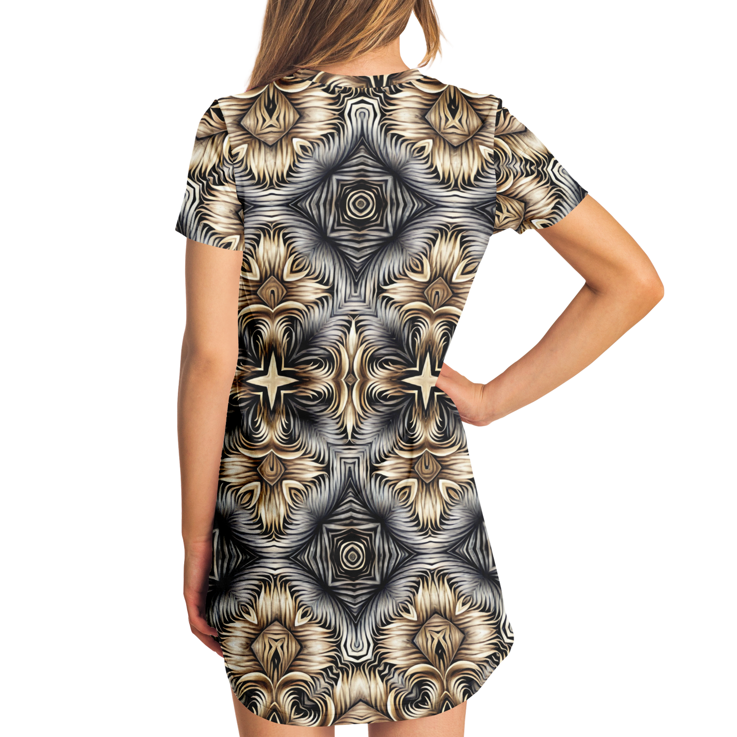 Women's Neutral Geometric Floral Pattern All Over print T-Shirt Dress