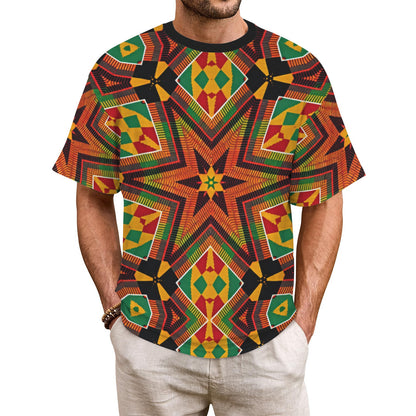 Men's African Kente Geometric Star Pattern All-Over Print Ribbed Collar T-Shirt
