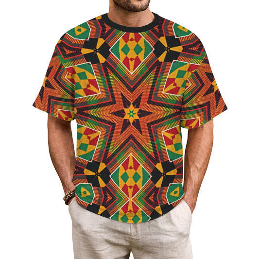 Men's African Kente Geometric Star Pattern All-Over Print Ribbed Collar T-Shirt