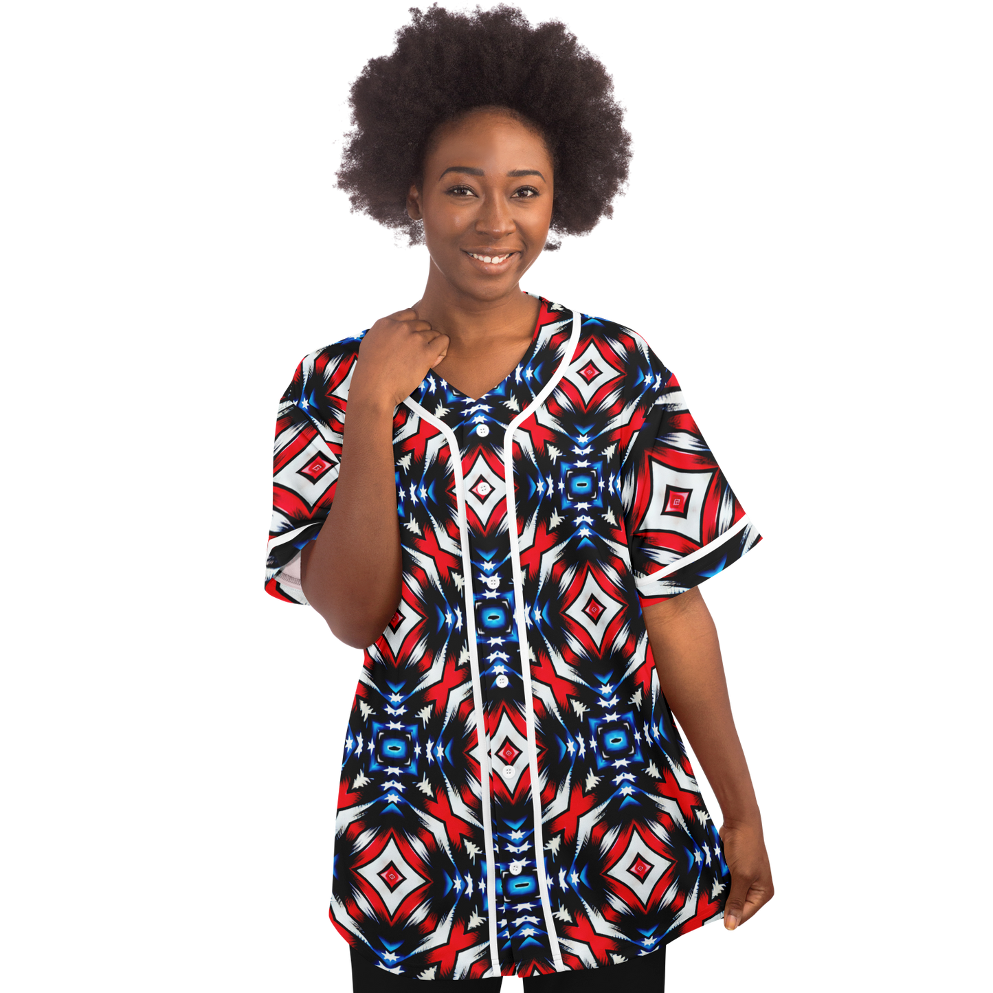 Women's Red White Blue Geometric Pattern All-Over Print Baseball Jersey