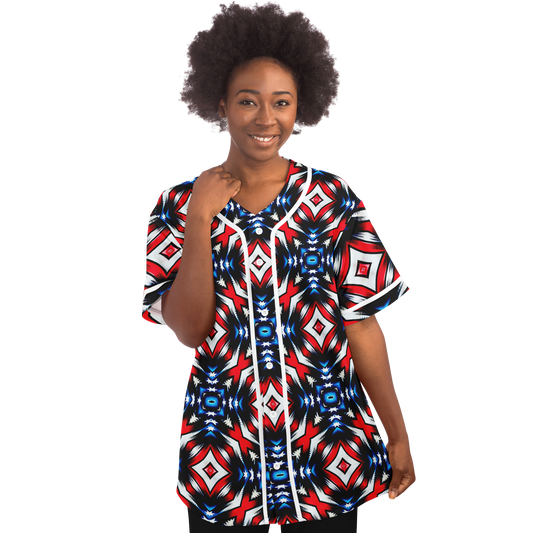 Women's Red White Blue Geometric Pattern All-Over Print Baseball Jersey