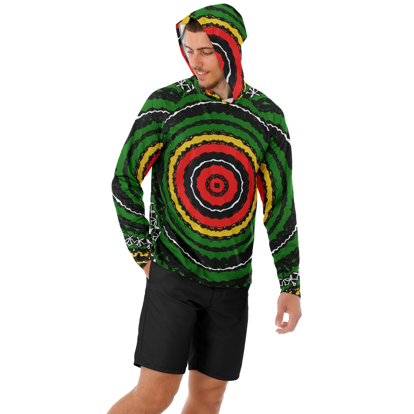Men's Green Striped with Vibrant Accent Pattern All Over print Long Sleeve Hooded Performance Shirt