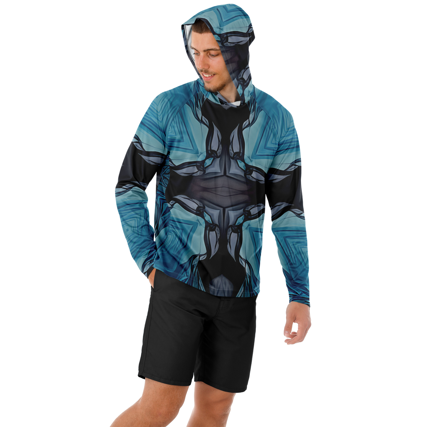 Men's Abstract Blue Geometric Design All Over Print Long Sleeve Hooded Performance Shirt