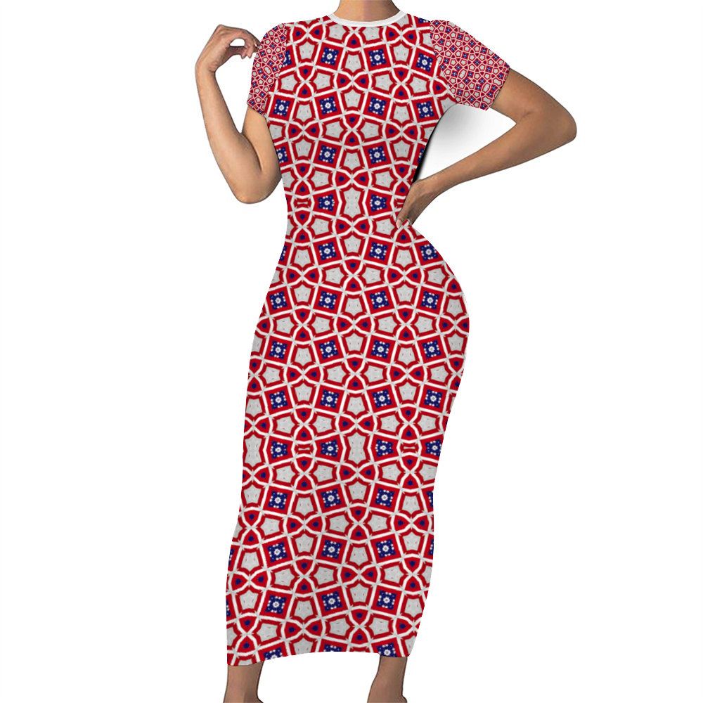 Women's Round Neck Long Dress Short Sleeve Bodycon Pencil Dress