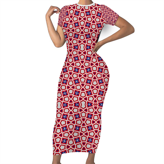 Women's Round Neck Long Dress Short Sleeve Bodycon Pencil Dress