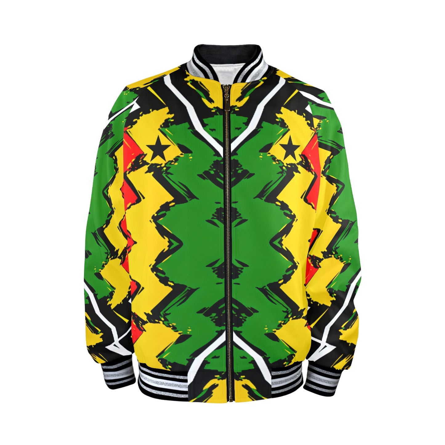 Men's Ghana Flag & Black Star Pattern All-Over Print Striped Trim Bomber Jacket