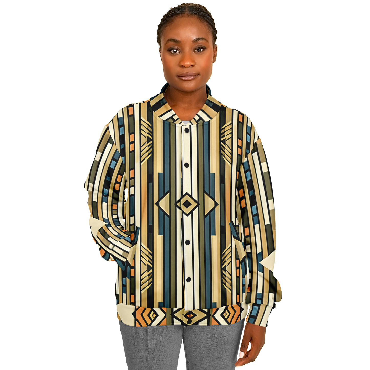 Women's Retro Geometric Tribal Pattern All-Over Print Baseball Jacket
