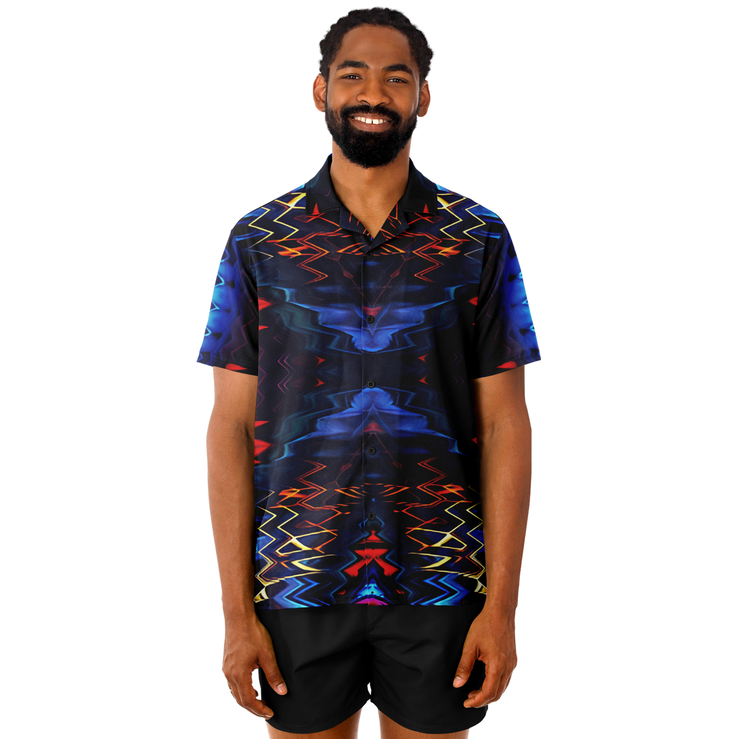 Men's Blue & Red Kaleidoscope Pattern All Over Print Spread Collar Short Sleeve Button-Down Shirt